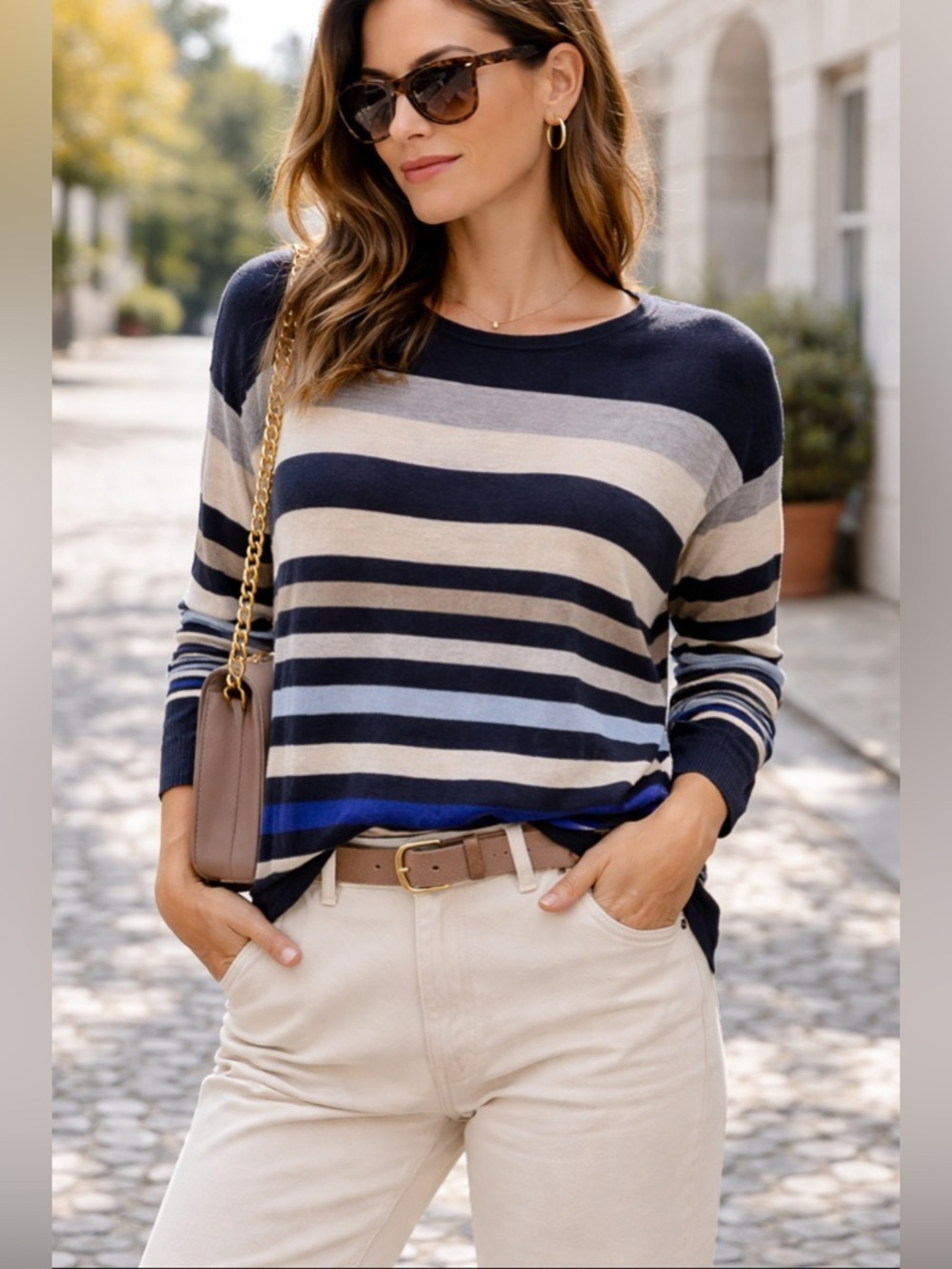 Vince Striped Merino Wool Blend Sweater Womens M Blue Gray Lightweight Knit